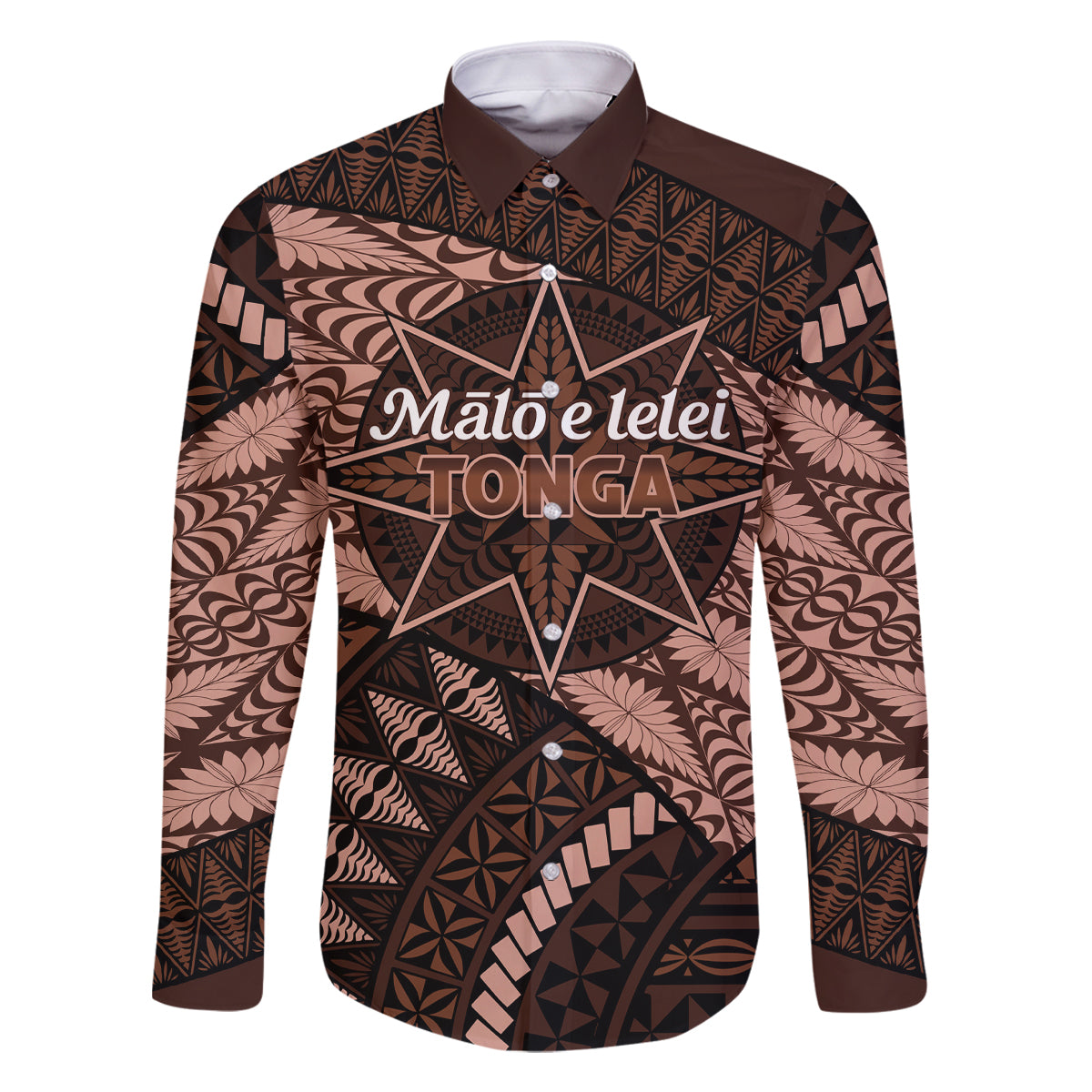 Malo e lelei Tonga Family Matching Tank Maxi Dress and Hawaiian Shirt Tongan Ngatu Pattern Vintage Vibes LT14 Dad's Shirt - Long Sleeve Brown - Polynesian Pride