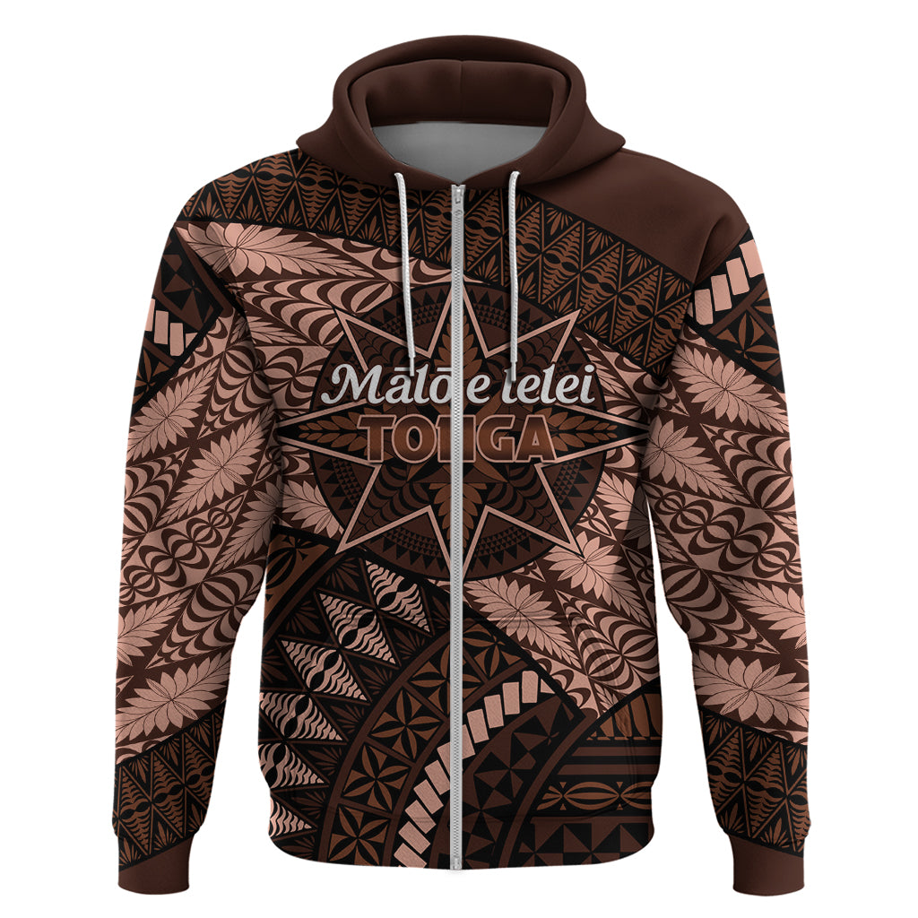 Malo e lelei Tonga Hoodie Tongan Ngatu Pattern Vintage Vibes LT14 Zip Hoodie Brown - Polynesian Pride