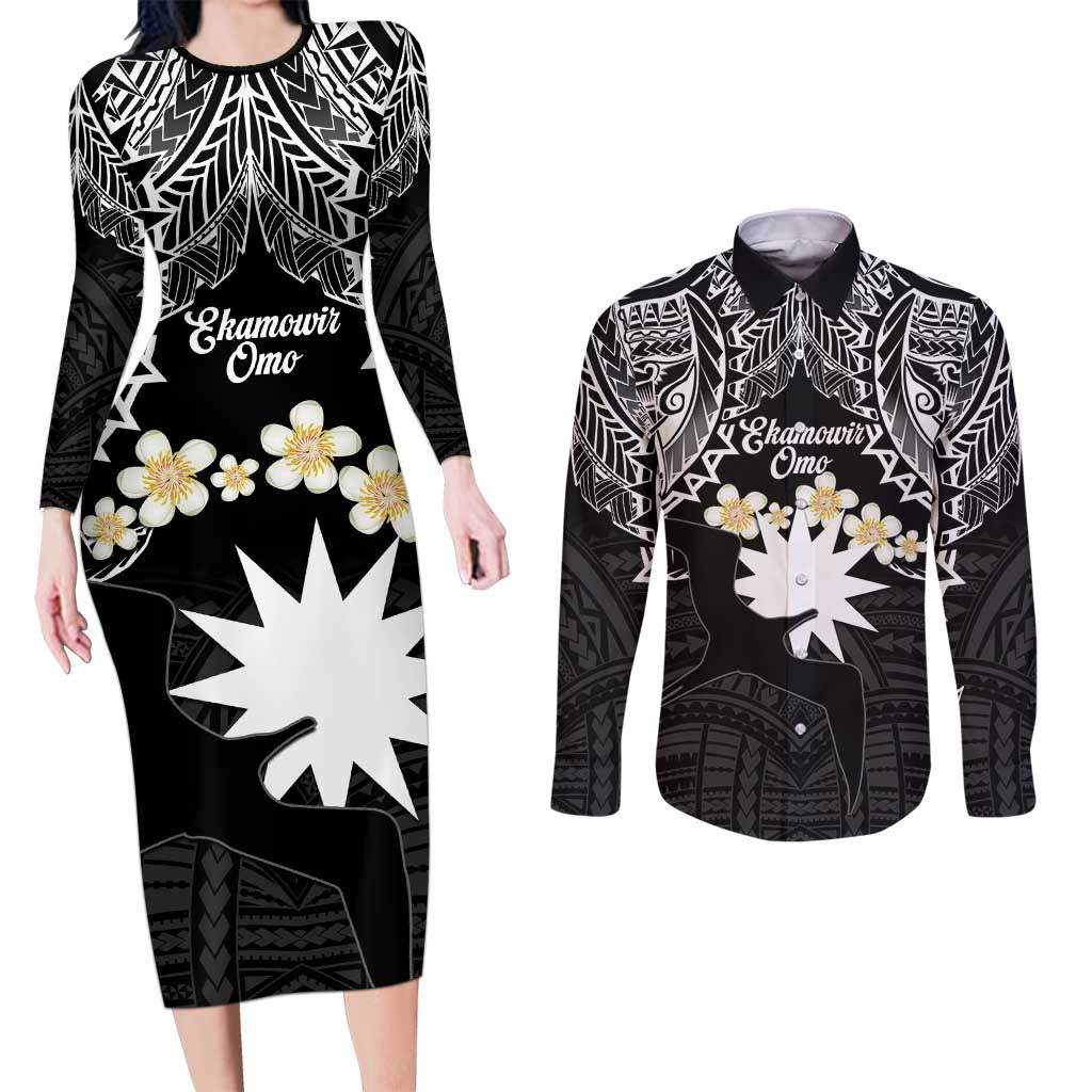 Ekamowir Omo Nauru Couples Matching Long Sleeve Bodycon Dress and Long Sleeve Button Shirt Naoero Twelve-pointed Star Polynesian Tattoo