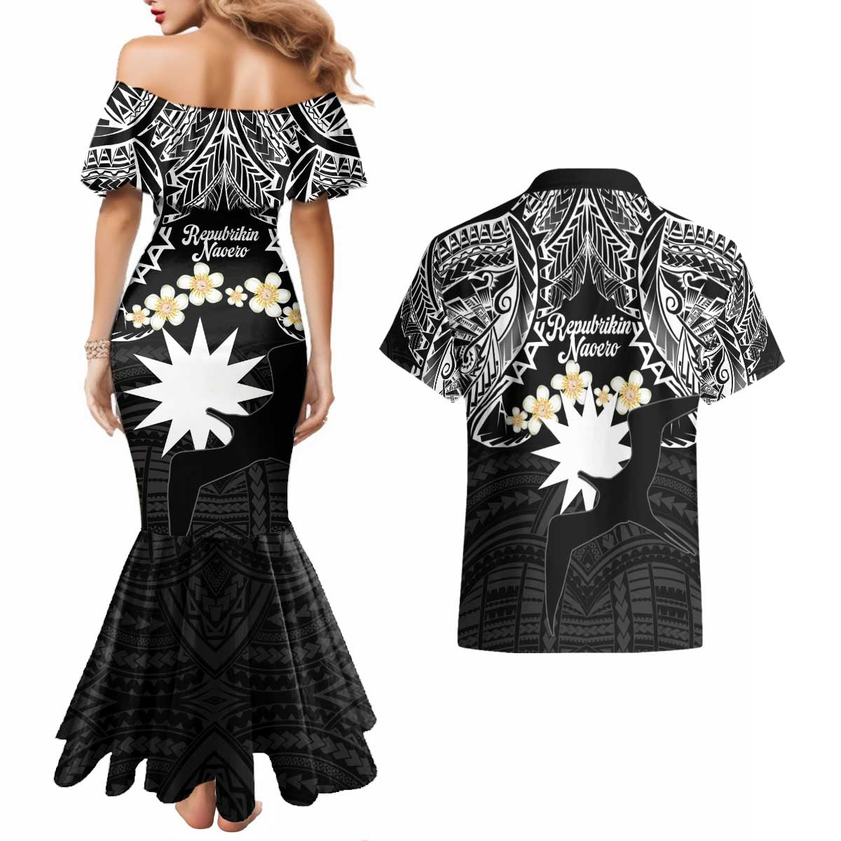 Ekamowir Omo Nauru Couples Matching Mermaid Dress and Hawaiian Shirt Naoero Twelve-pointed Star Polynesian Tattoo