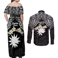 Ekamowir Omo Nauru Couples Matching Off Shoulder Maxi Dress and Long Sleeve Button Shirt Naoero Twelve-pointed Star Polynesian Tattoo