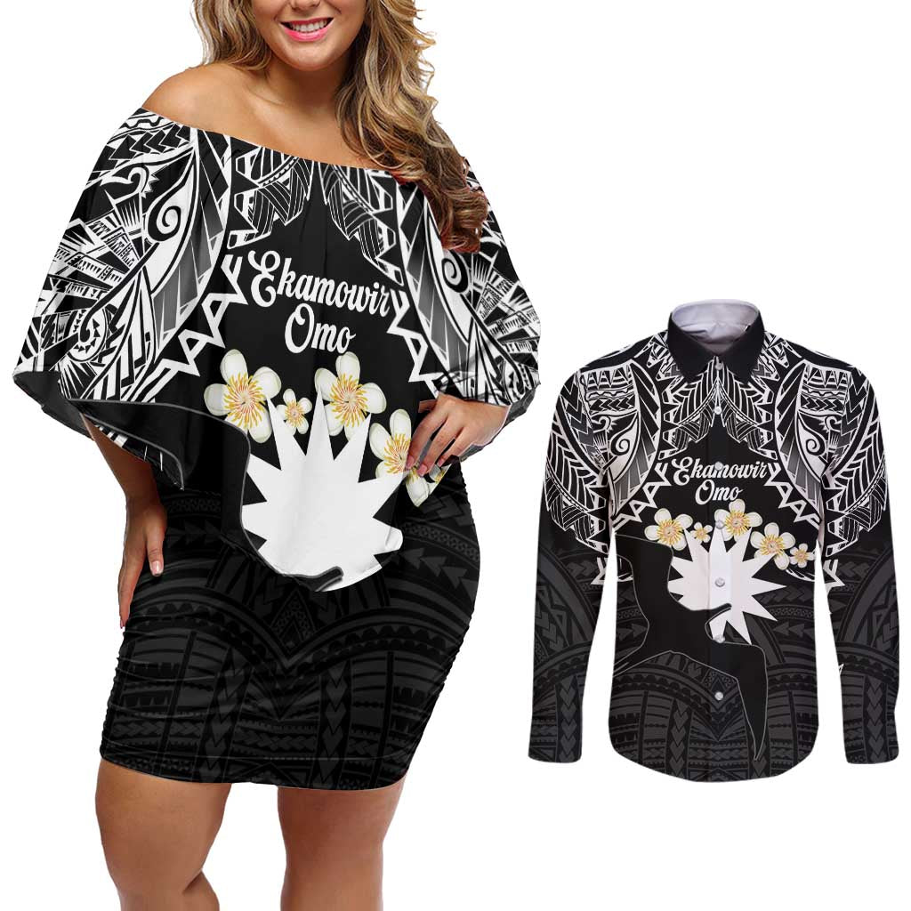 Ekamowir Omo Nauru Couples Matching Off Shoulder Short Dress and Long Sleeve Button Shirt Naoero Twelve-pointed Star Polynesian Tattoo