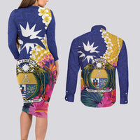 Nauru Independence Day Couples Matching Long Sleeve Bodycon Dress and Long Sleeve Button Shirt Coat Of Arms With Tropical Flowers