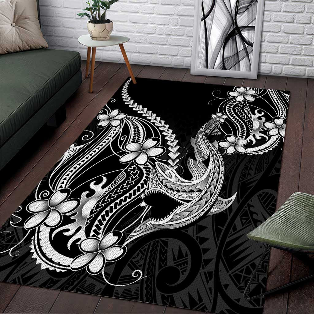 Black Aloha Hawaii Area Rug Polynesian Shark Tattoo With Plumeria LT14 Black - Polynesian Pride