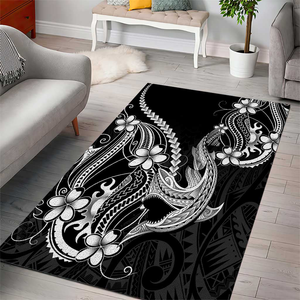 Black Aloha Hawaii Area Rug Polynesian Shark Tattoo With Plumeria LT14 - Polynesian Pride