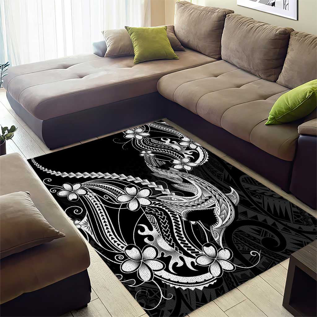 Black Aloha Hawaii Area Rug Polynesian Shark Tattoo With Plumeria LT14 - Polynesian Pride