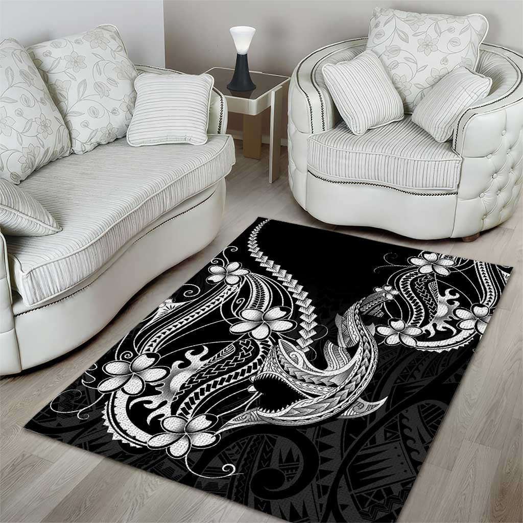 Black Aloha Hawaii Area Rug Polynesian Shark Tattoo With Plumeria LT14 - Polynesian Pride