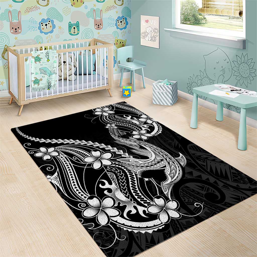 Black Aloha Hawaii Area Rug Polynesian Shark Tattoo With Plumeria LT14 - Polynesian Pride