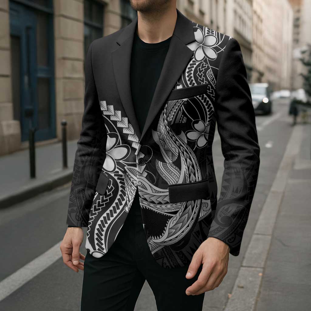 Black Aloha Hawaii Blazer Polynesian Shark Tattoo With Plumeria LT14 - Polynesian Pride