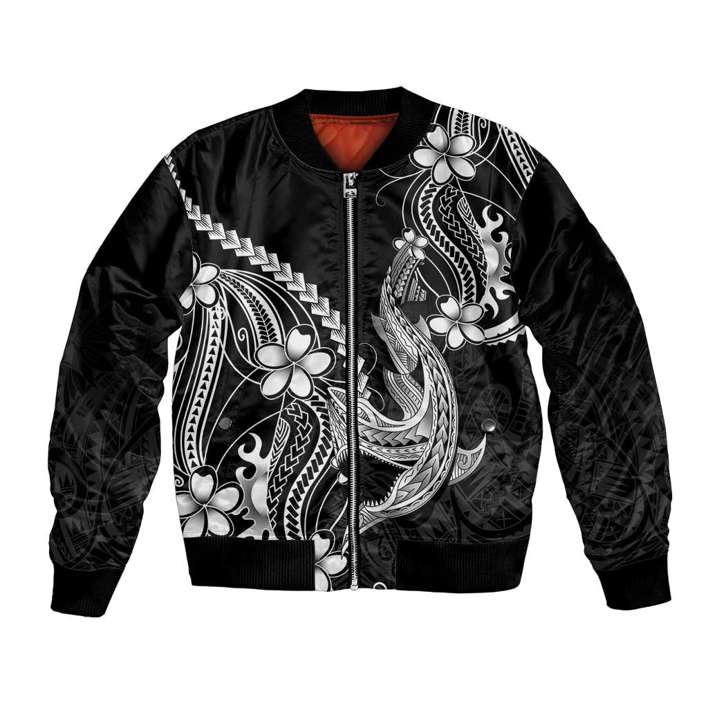 Black Aloha Hawaii Bomber Jacket Polynesian Shark Tattoo With Plumeria LT14 Unisex Black - Polynesian Pride