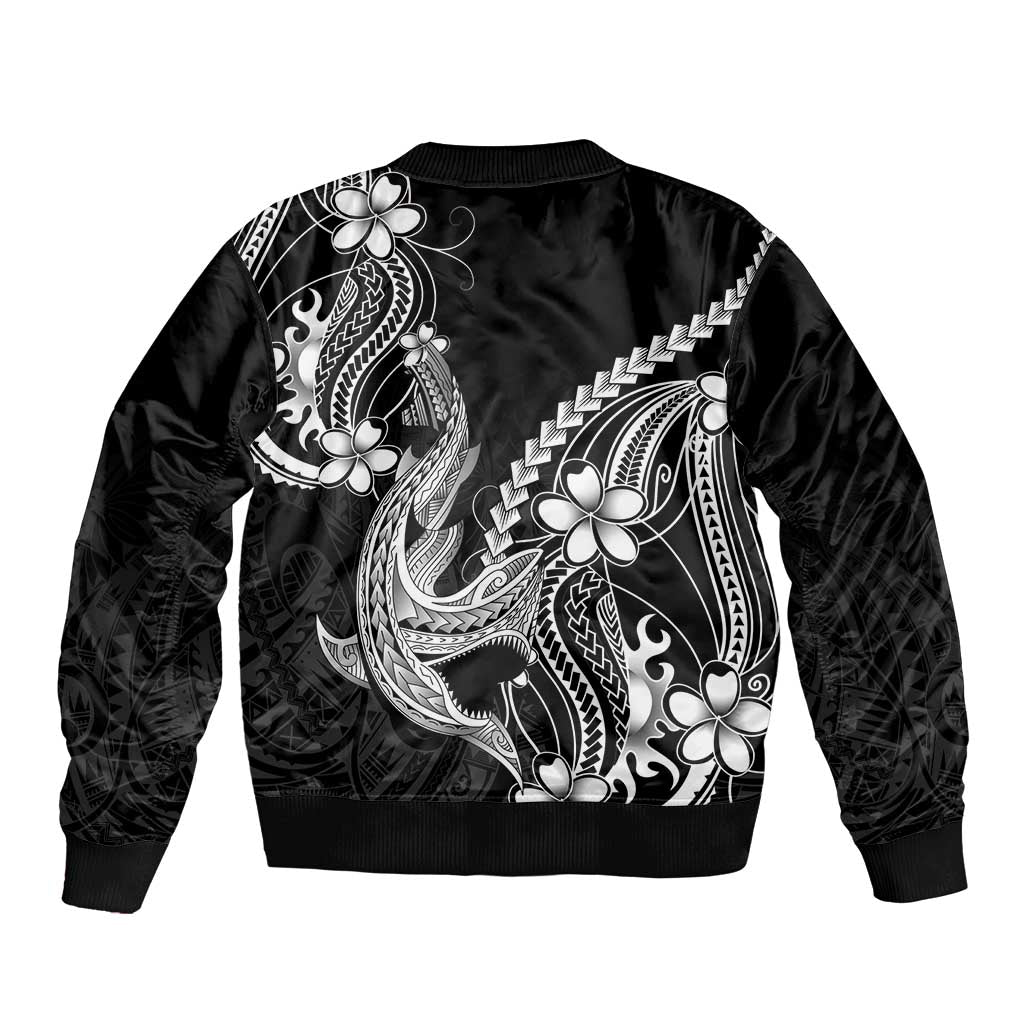 Black Aloha Hawaii Bomber Jacket Polynesian Shark Tattoo With Plumeria LT14 - Polynesian Pride
