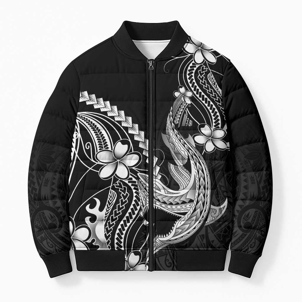 Black Aloha Hawaii Bomber Puffer Jacket Polynesian Shark Tattoo With Plumeria LT14 Unisex Black - Polynesian Pride