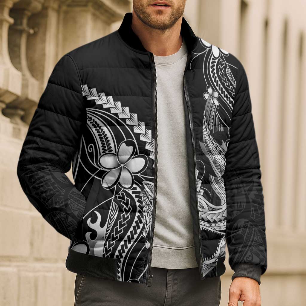 Black Aloha Hawaii Bomber Puffer Jacket Polynesian Shark Tattoo With Plumeria LT14 - Polynesian Pride