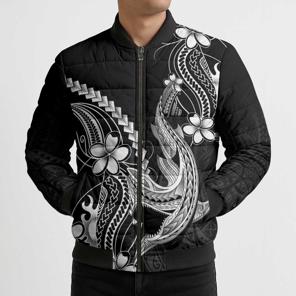 Black Aloha Hawaii Bomber Puffer Jacket Polynesian Shark Tattoo With Plumeria LT14 - Polynesian Pride