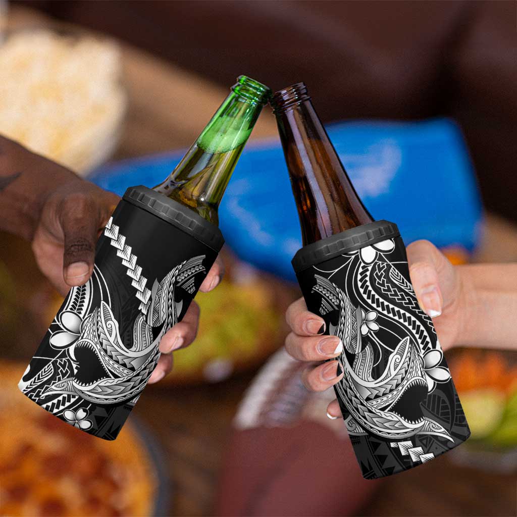 Black Aloha Hawaii 4 in 1 Can Cooler Tumbler Polynesian Shark Tattoo With Plumeria LT14 - Polynesian Pride