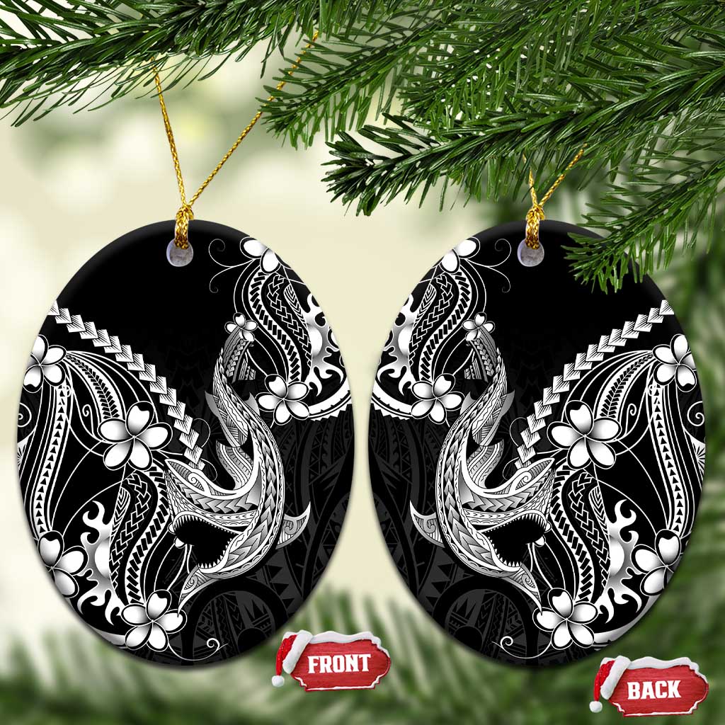 Black Aloha Hawaii Ceramic Ornament Polynesian Shark Tattoo With Plumeria LT14 Oval Black - Polynesian Pride