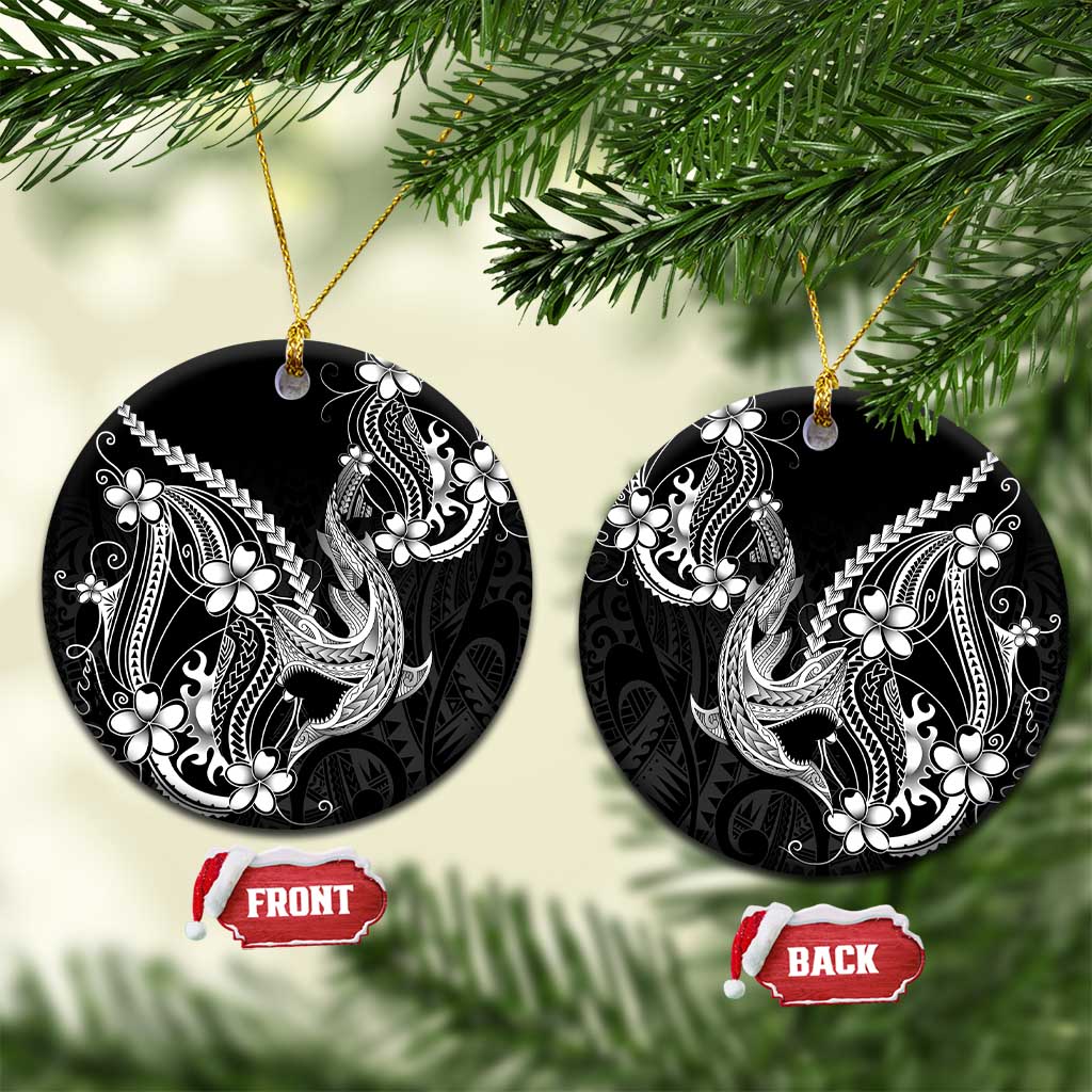 Black Aloha Hawaii Ceramic Ornament Polynesian Shark Tattoo With Plumeria LT14 Circle Black - Polynesian Pride
