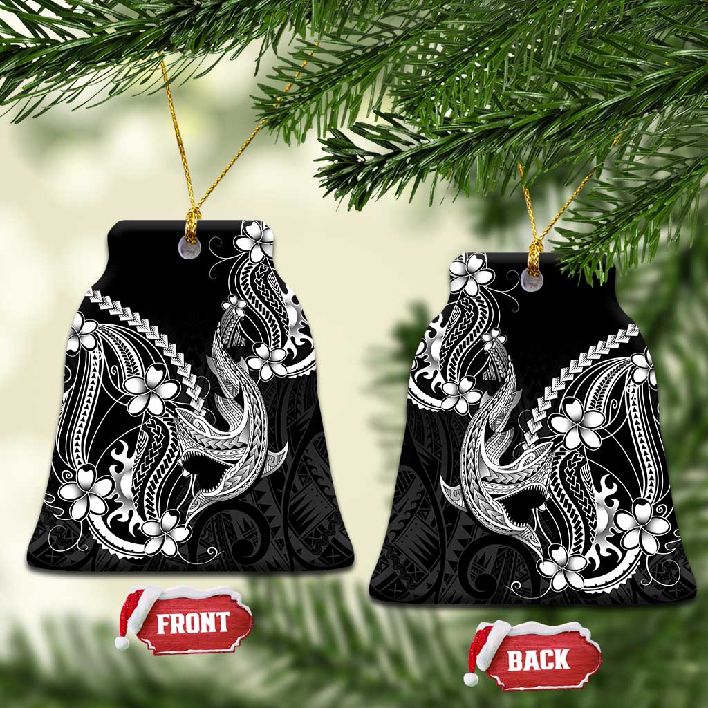 Black Aloha Hawaii Ceramic Ornament Polynesian Shark Tattoo With Plumeria LT14 Bell Flake Black - Polynesian Pride