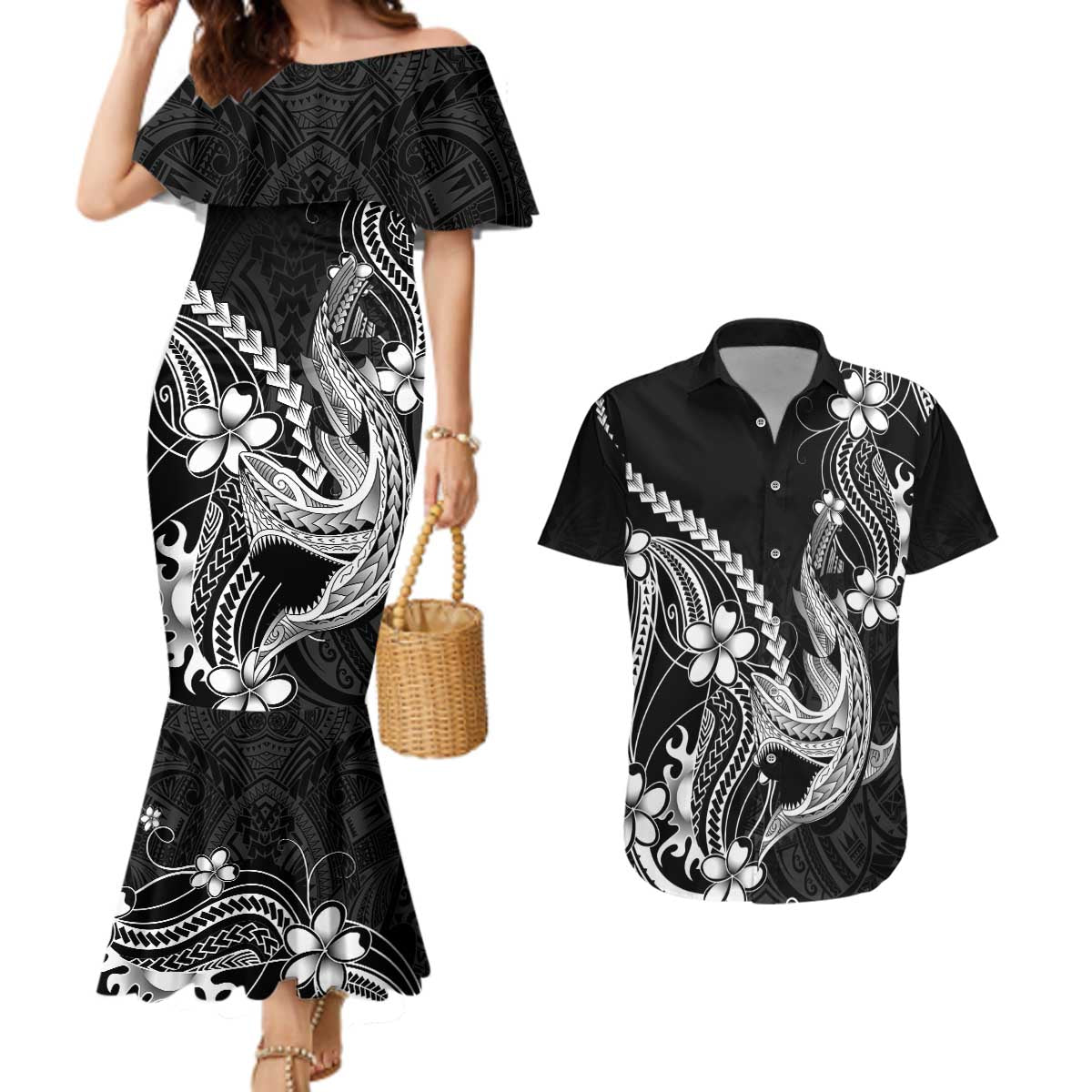 Black Aloha Hawaii Couples Matching Mermaid Dress and Hawaiian Shirt Polynesian Shark Tattoo With Plumeria - Polynesian Pride