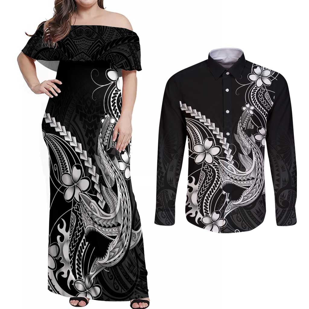 Black Aloha Hawaii Couples Matching Off Shoulder Maxi Dress and Long Sleeve Button Shirt Polynesian Shark Tattoo With Plumeria LT14 Black - Polynesian Pride