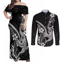 Black Aloha Hawaii Couples Matching Off Shoulder Maxi Dress and Long Sleeve Button Shirt Polynesian Shark Tattoo With Plumeria LT14 Black - Polynesian Pride