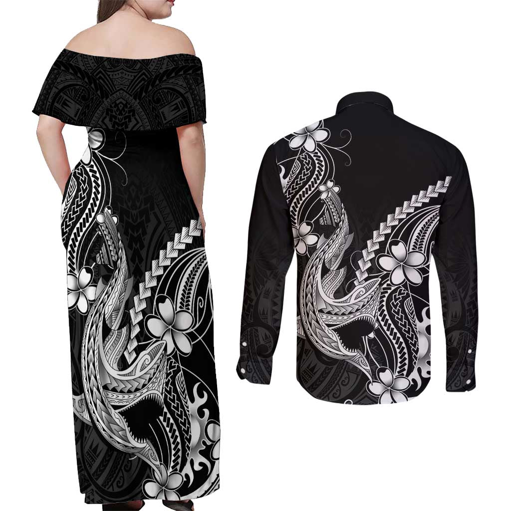 Black Aloha Hawaii Couples Matching Off Shoulder Maxi Dress and Long Sleeve Button Shirt Polynesian Shark Tattoo With Plumeria LT14 - Polynesian Pride