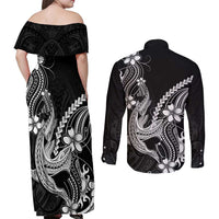 Black Aloha Hawaii Couples Matching Off Shoulder Maxi Dress and Long Sleeve Button Shirt Polynesian Shark Tattoo With Plumeria LT14 - Polynesian Pride