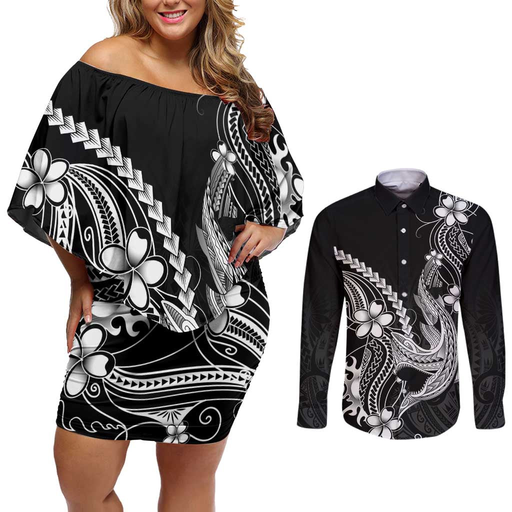 Black Aloha Hawaii Couples Matching Off Shoulder Short Dress and Long Sleeve Button Shirt Polynesian Shark Tattoo With Plumeria LT14 Black - Polynesian Pride