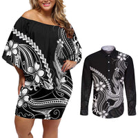 Black Aloha Hawaii Couples Matching Off Shoulder Short Dress and Long Sleeve Button Shirt Polynesian Shark Tattoo With Plumeria LT14 Black - Polynesian Pride