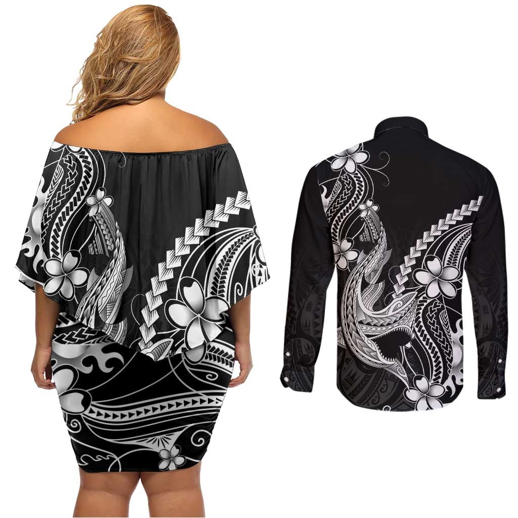 Black Aloha Hawaii Couples Matching Off Shoulder Short Dress and Long Sleeve Button Shirt Polynesian Shark Tattoo With Plumeria LT14 - Polynesian Pride