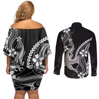 Black Aloha Hawaii Couples Matching Off Shoulder Short Dress and Long Sleeve Button Shirt Polynesian Shark Tattoo With Plumeria LT14 - Polynesian Pride