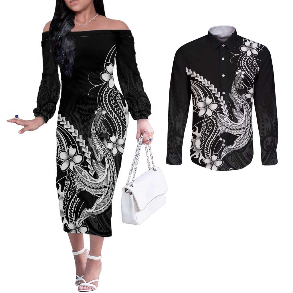 Black Aloha Hawaii Couples Matching Off The Shoulder Long Sleeve Dress and Long Sleeve Button Shirt Polynesian Shark Tattoo With Plumeria - Polynesian Pride