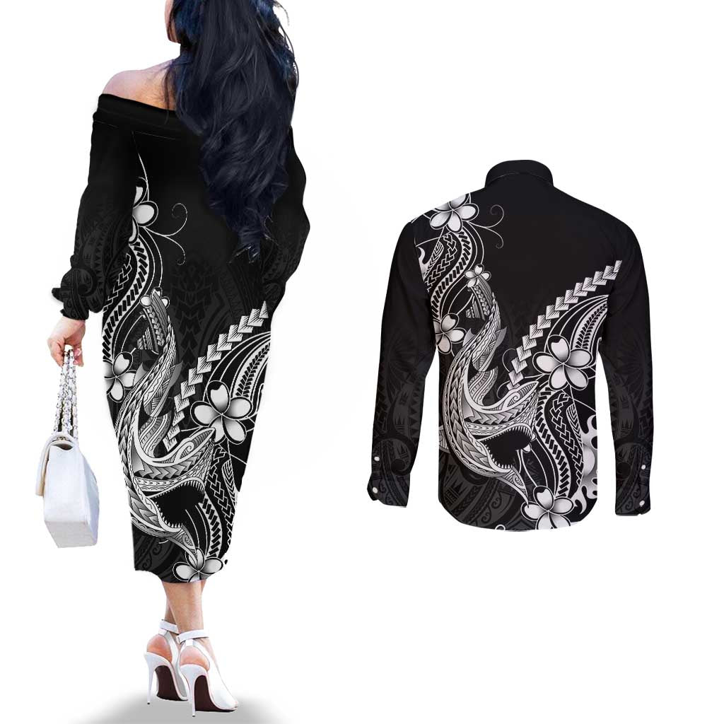 Black Aloha Hawaii Couples Matching Off The Shoulder Long Sleeve Dress and Long Sleeve Button Shirt Polynesian Shark Tattoo With Plumeria - Polynesian Pride