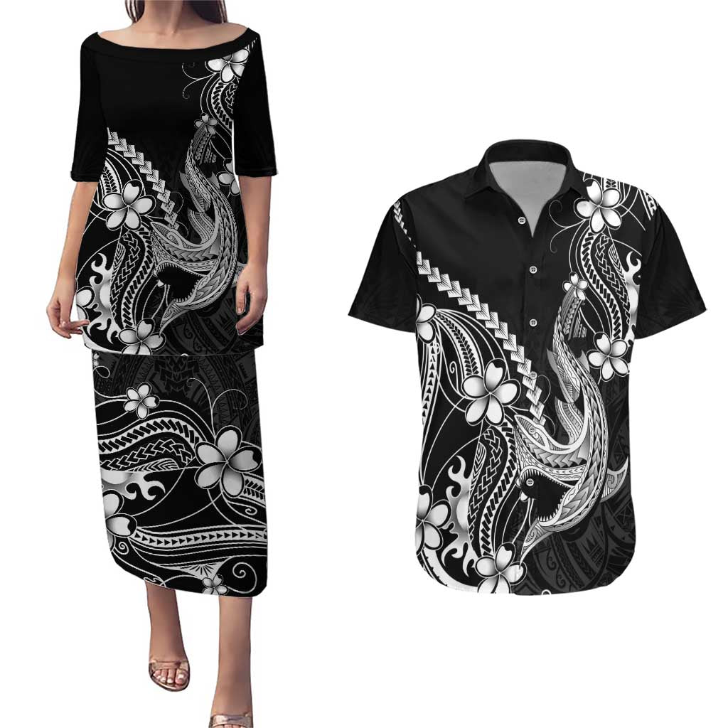 Black Aloha Hawaii Couples Matching Puletasi and Hawaiian Shirt Polynesian Shark Tattoo With Plumeria LT14 Black - Polynesian Pride