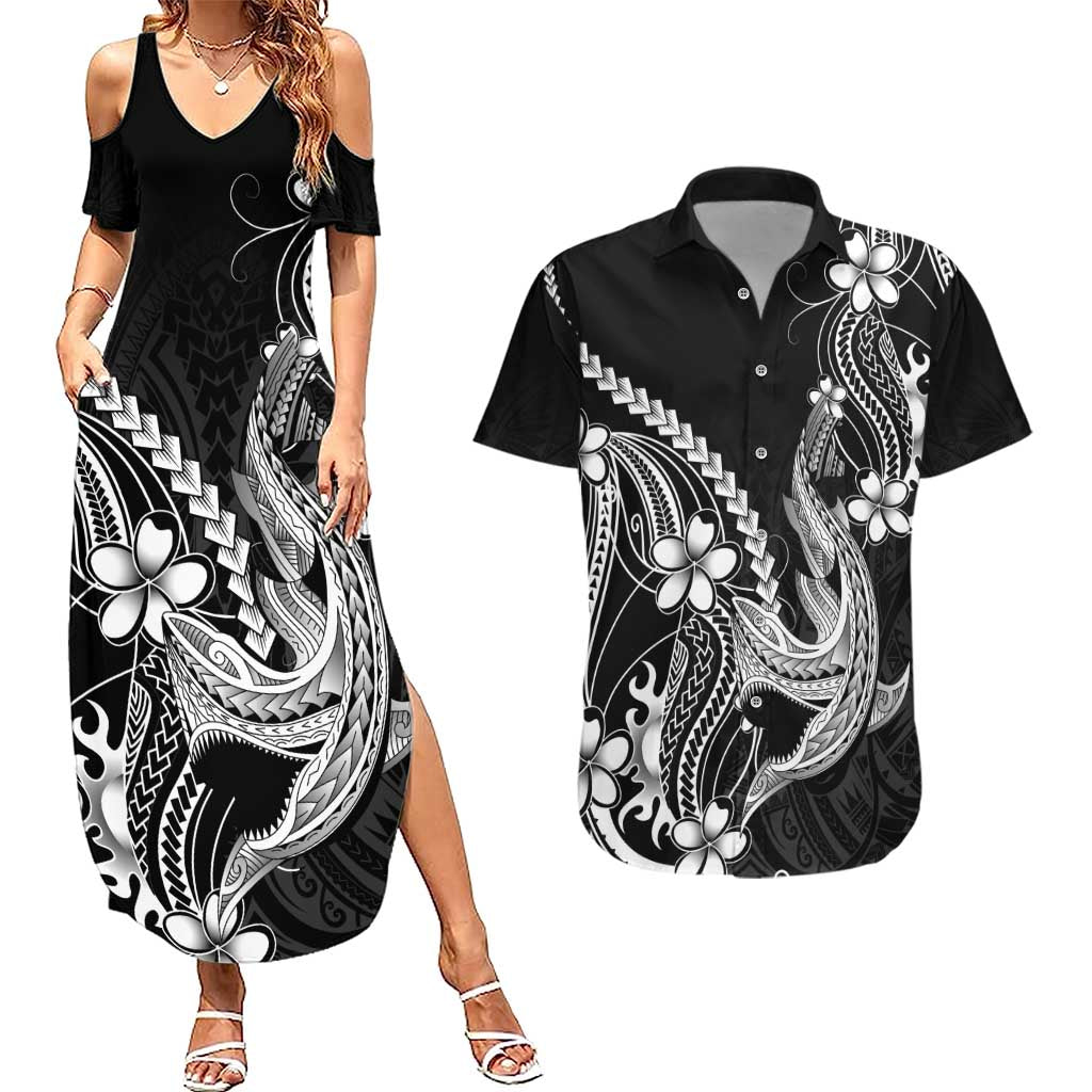Black Aloha Hawaii Couples Matching Summer Maxi Dress and Hawaiian Shirt Polynesian Shark Tattoo With Plumeria - Polynesian Pride
