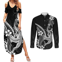 Black Aloha Hawaii Couples Matching Summer Maxi Dress and Long Sleeve Button Shirt Polynesian Shark Tattoo With Plumeria LT14 Black - Polynesian Pride