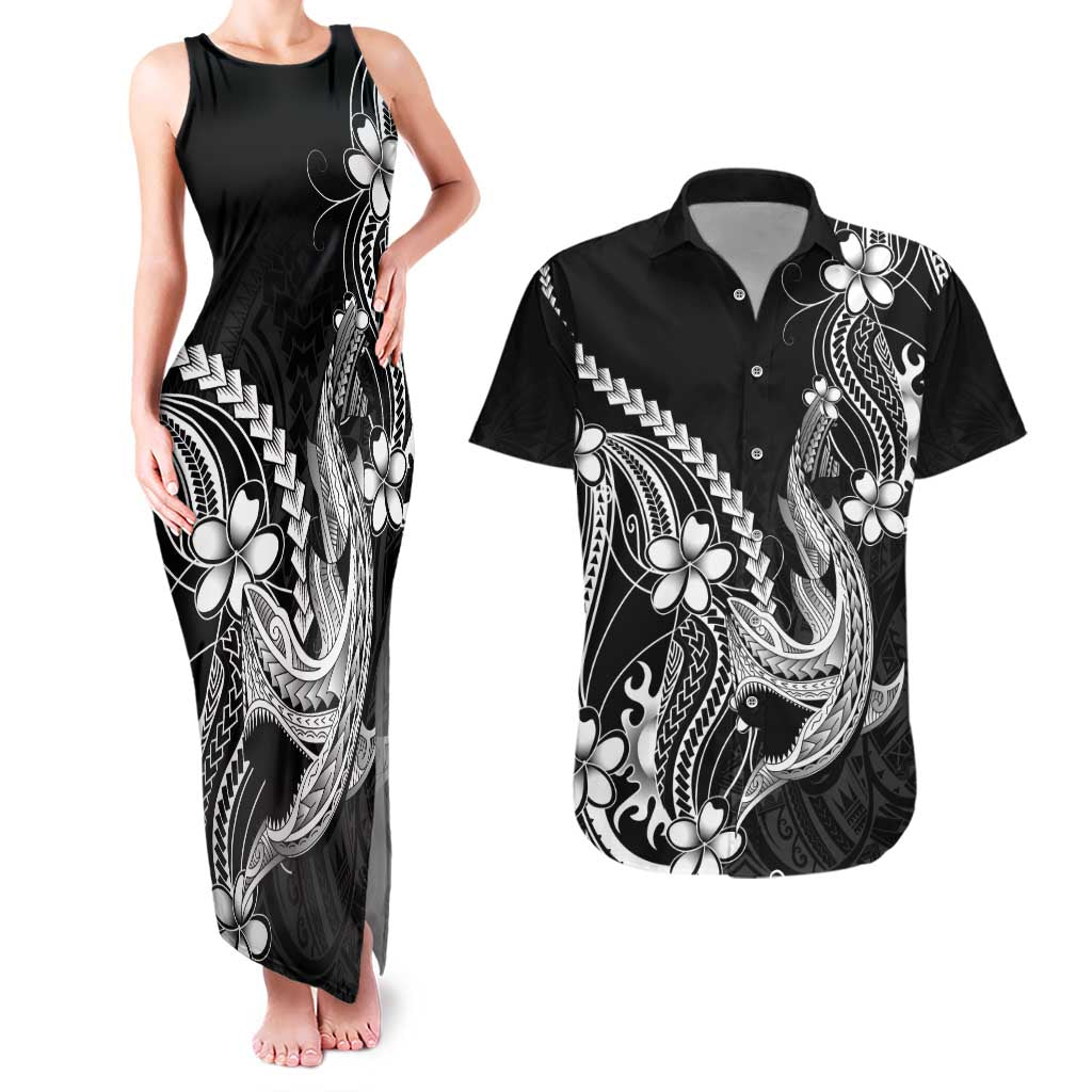 Black Aloha Hawaii Couples Matching Tank Maxi Dress and Hawaiian Shirt Polynesian Shark Tattoo With Plumeria LT14 Black - Polynesian Pride