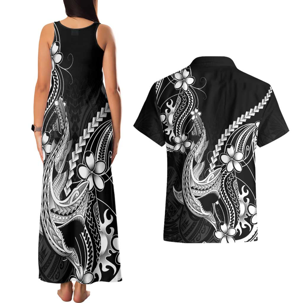 Black Aloha Hawaii Couples Matching Tank Maxi Dress and Hawaiian Shirt Polynesian Shark Tattoo With Plumeria LT14 - Polynesian Pride