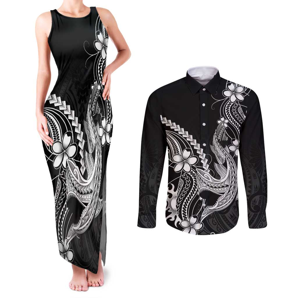 Black Aloha Hawaii Couples Matching Tank Maxi Dress and Long Sleeve Button Shirt Polynesian Shark Tattoo With Plumeria LT14 Black - Polynesian Pride