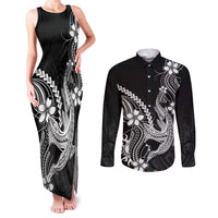 Black Aloha Hawaii Couples Matching Tank Maxi Dress and Long Sleeve Button Shirt Polynesian Shark Tattoo With Plumeria LT14 Black - Polynesian Pride