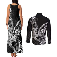 Black Aloha Hawaii Couples Matching Tank Maxi Dress and Long Sleeve Button Shirt Polynesian Shark Tattoo With Plumeria LT14 - Polynesian Pride