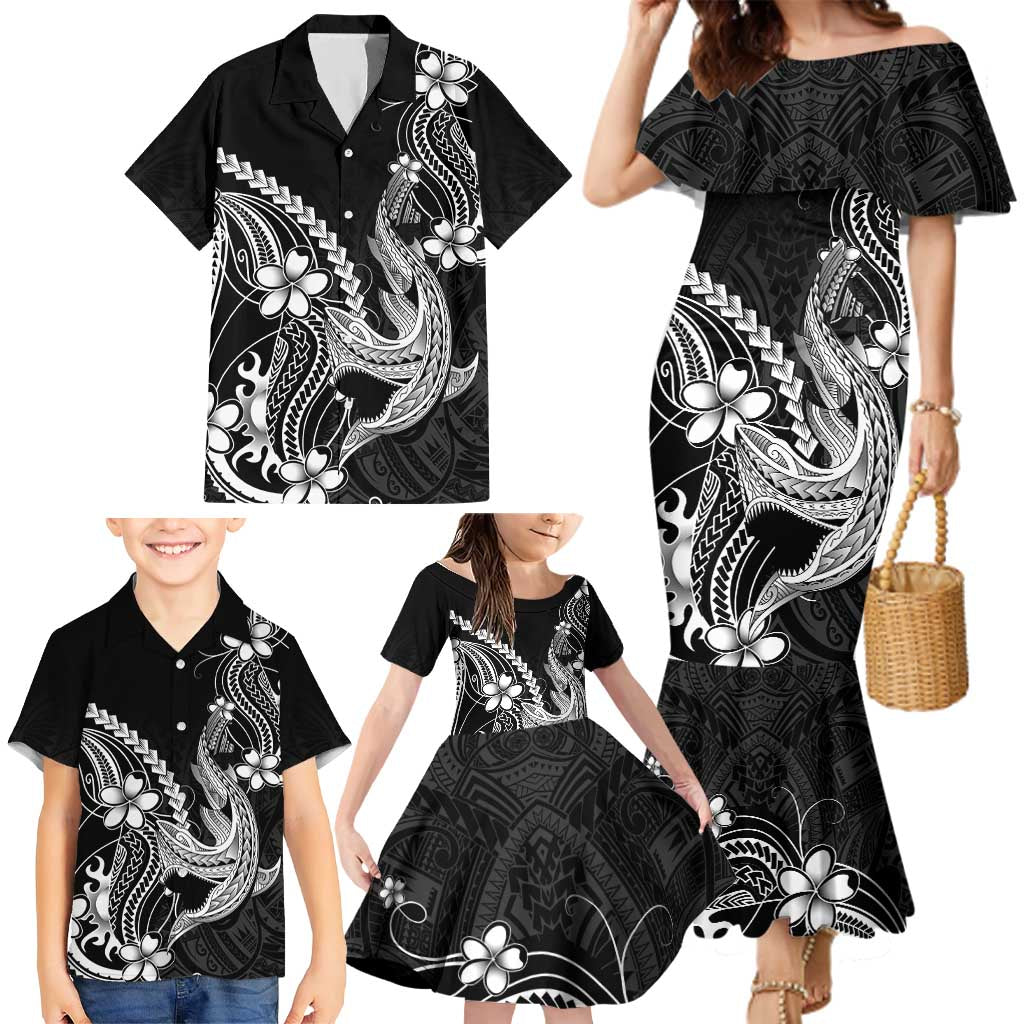 Black Aloha Hawaii Family Matching Mermaid Dress and Hawaiian Shirt Polynesian Shark Tattoo With Plumeria - Polynesian Pride