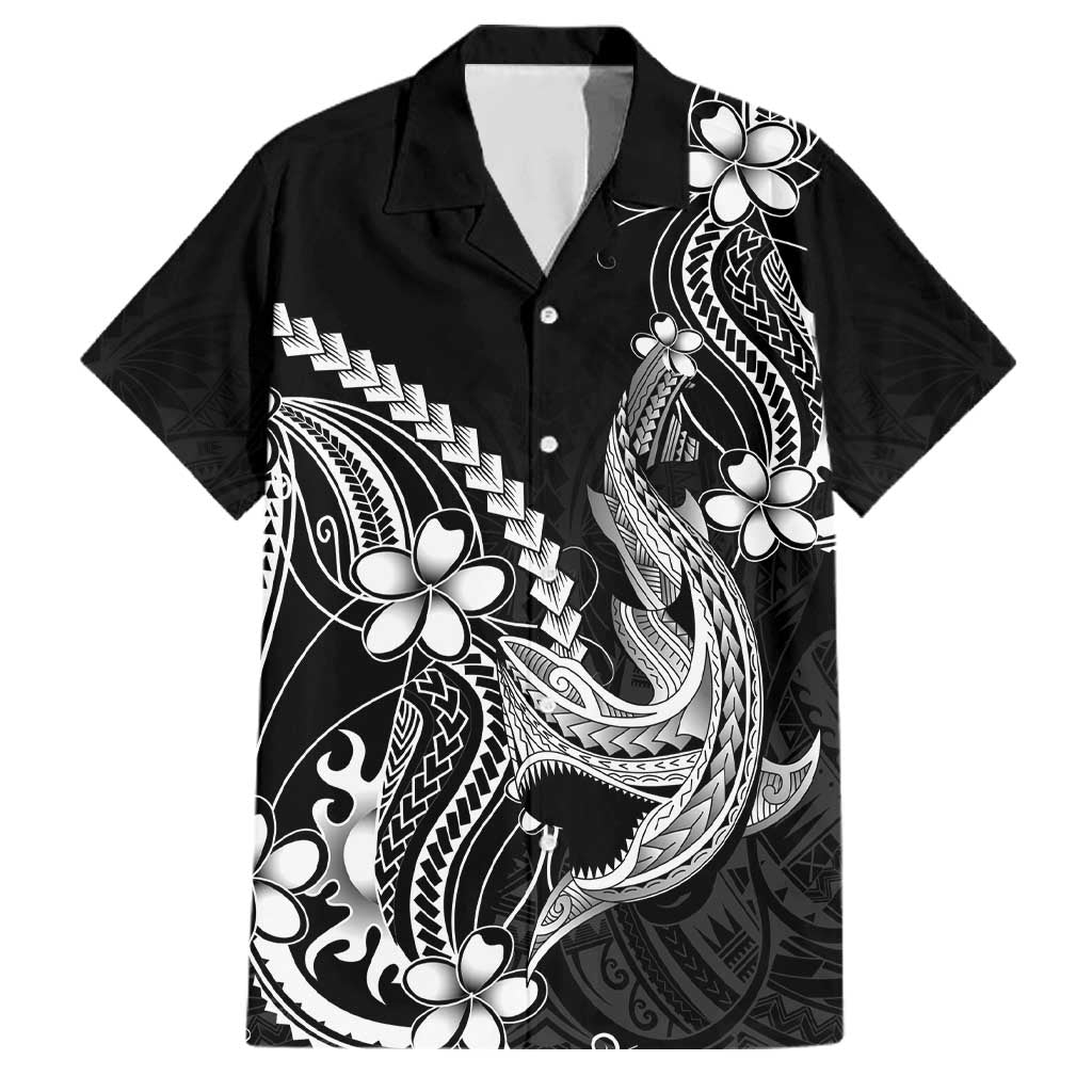 Black Aloha Hawaii Family Matching Off The Shoulder Long Sleeve Dress and Hawaiian Shirt Polynesian Shark Tattoo With Plumeria - Polynesian Pride