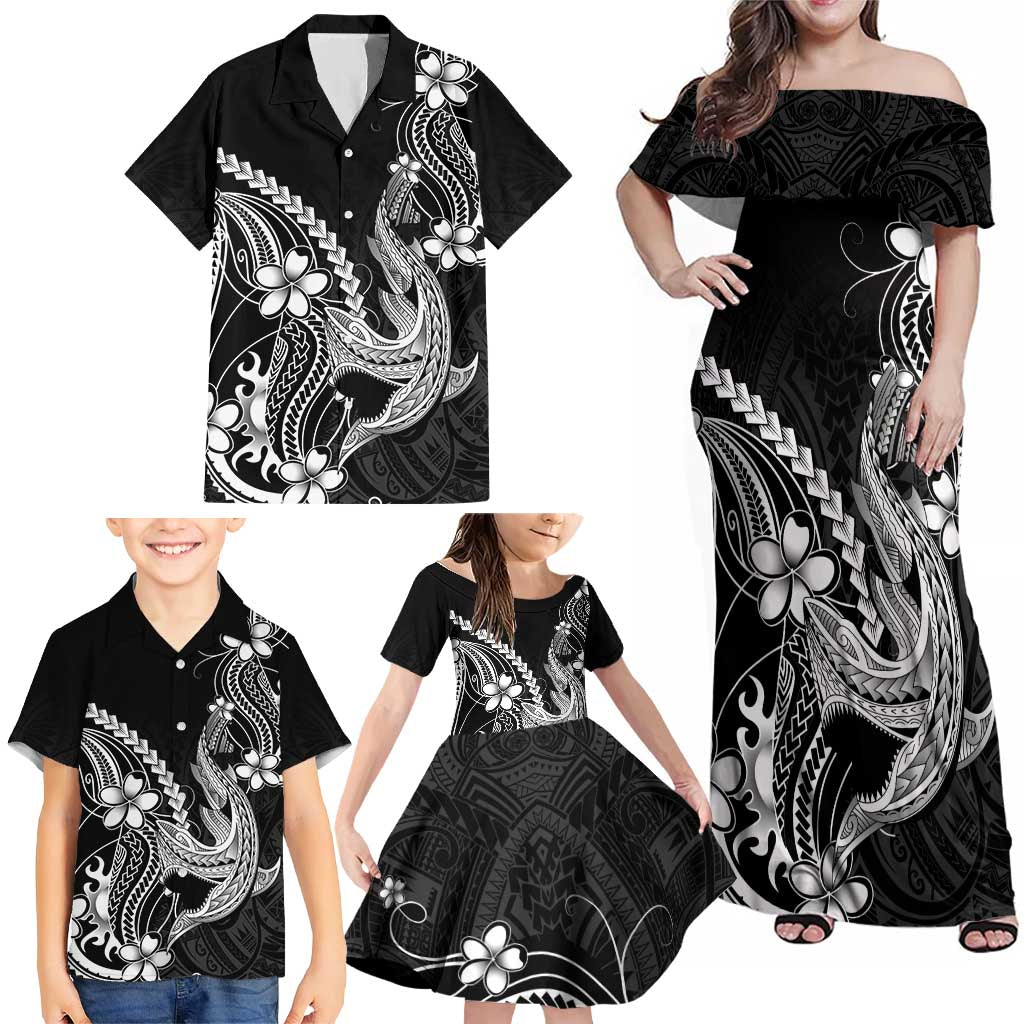 Black Aloha Hawaii Family Matching Off Shoulder Maxi Dress and Hawaiian Shirt Polynesian Shark Tattoo With Plumeria - Polynesian Pride