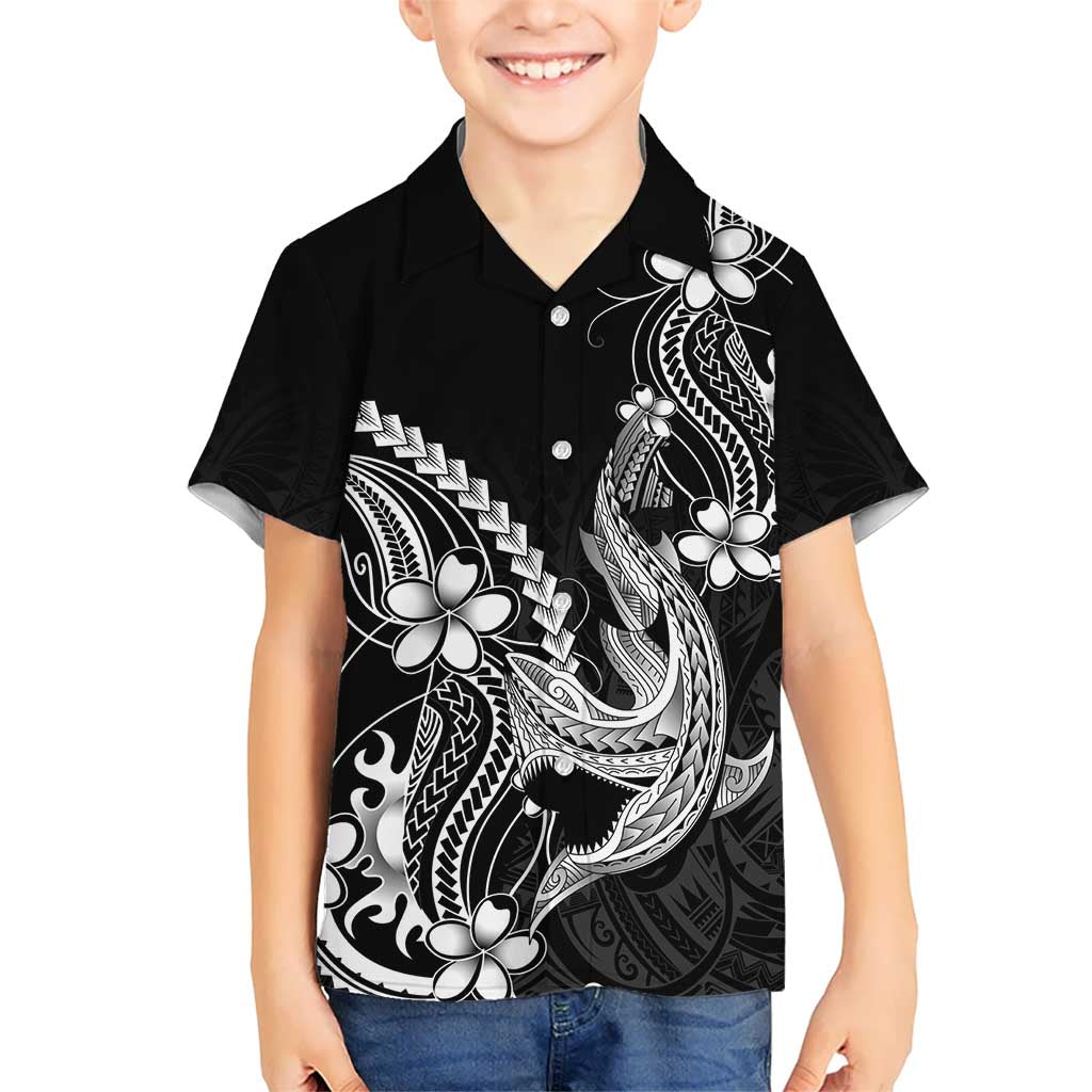 Black Aloha Hawaii Family Matching Off Shoulder Maxi Dress and Hawaiian Shirt Polynesian Shark Tattoo With Plumeria - Polynesian Pride