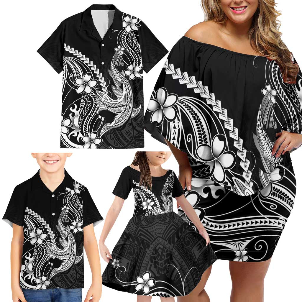 Black Aloha Hawaii Family Matching Off Shoulder Short Dress and Hawaiian Shirt Polynesian Shark Tattoo With Plumeria - Polynesian Pride