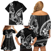 Black Aloha Hawaii Family Matching Off Shoulder Short Dress and Hawaiian Shirt Polynesian Shark Tattoo With Plumeria - Polynesian Pride