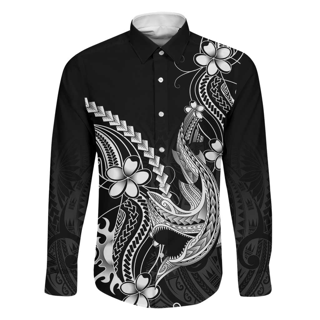 Black Aloha Hawaii Family Matching Off Shoulder Short Dress and Hawaiian Shirt Polynesian Shark Tattoo With Plumeria - Polynesian Pride