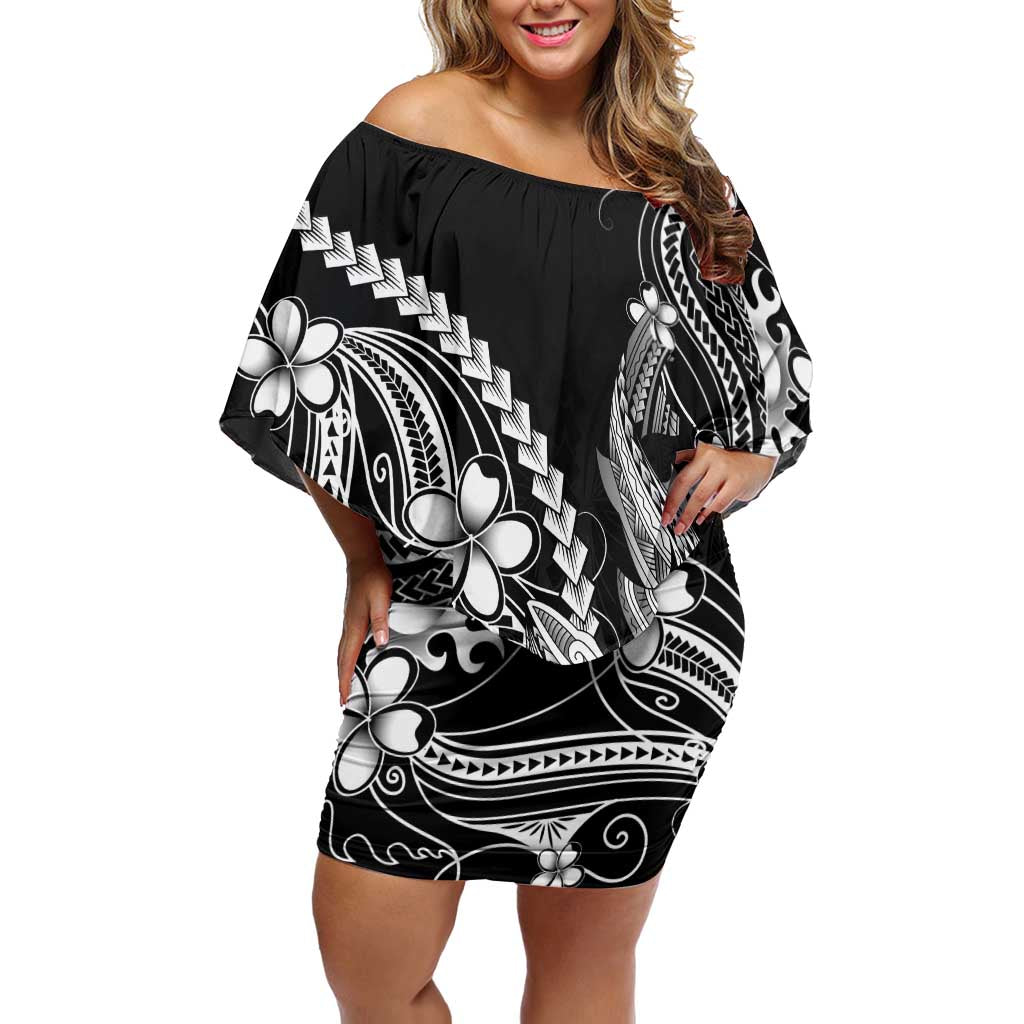 Black Aloha Hawaii Family Matching Off Shoulder Short Dress and Hawaiian Shirt Polynesian Shark Tattoo With Plumeria - Polynesian Pride