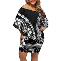 Black Aloha Hawaii Family Matching Off Shoulder Short Dress and Hawaiian Shirt Polynesian Shark Tattoo With Plumeria - Polynesian Pride